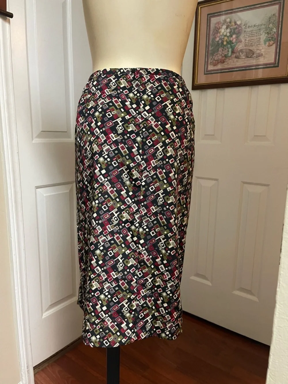 Sag Harbor Navy Geometric Midi Skirt with Pink and Olive Accents - Picture 4 of 6